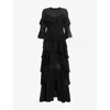 Allsaints Womens Black Nat Ruffled Recycled-polyester Maxi Dress In Black