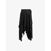 Allsaints Womens Black Kat Pleated Asymmetric-hem Satin Midi Skirt In Black