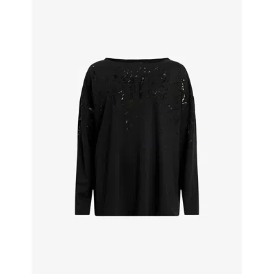 Allsaints Womens  Rita Snake-embroidered Relaxed-fit Stretch-woven T-shirt In Black