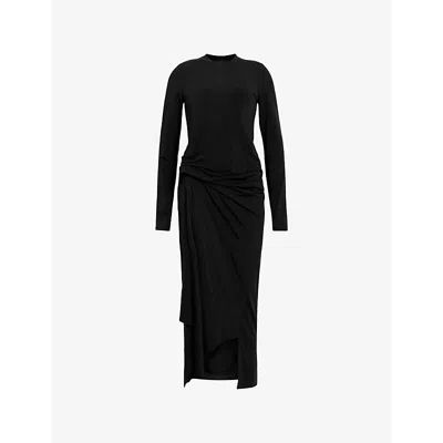 Allsaints Womens Black Rivi Gathered Stretch-woven Midi Dress