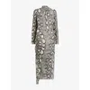 ALLSAINTS WOMENS FLOW ECRU WHIT RIZO SNAKE-PRINT WOVEN MIDI DRESS