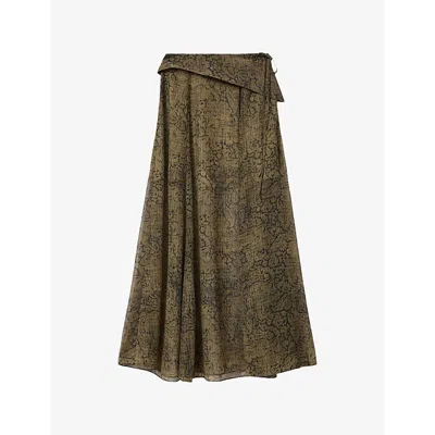 Allsaints Womens Sirius Gold Bl Sali Graphic-print Woven Midi Skirt In Brown