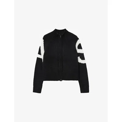 ALLSAINTS WOMENS BLACK/CHALK WH SYLVIE LOGO-PRINT ZIP-UP STRETCH ALPACA-BLEND CARDIGAN