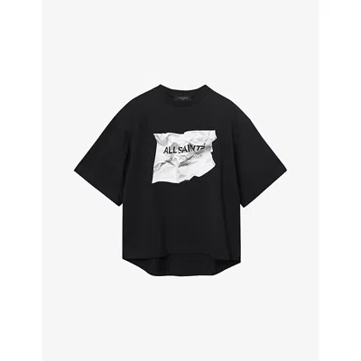 Allsaints Womens Black Amelie Scrunch Graphic-print Short-sleeve Cotton T-shirt