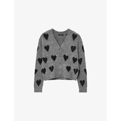 ALLSAINTS WOMENS GREY/BLACK AMORA HEART-JACQUARD WOOL-BLEND CARDIGAN XS