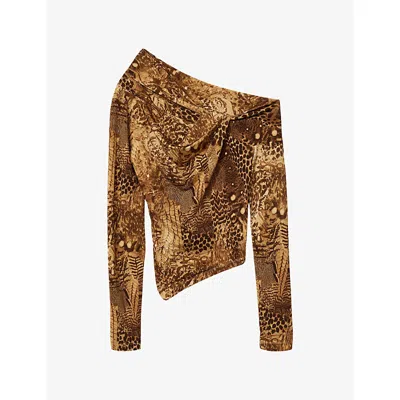 Allsaints Womens Arlie Abstract-print Stretch-woven Top Blixa Gold In Purple