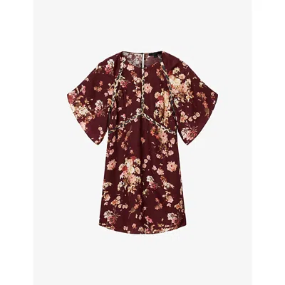 Allsaints Womens Armada Wine Re Xena Floral-print Lyocell Mini Dress In Brown