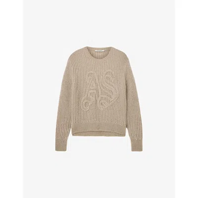 Allsaints Womens Barley White Chain Branded-motif Knitted Jumper In Brown