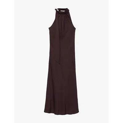 Allsaints Womens Beril High-neck Silk-blend Maxi Dress Aubergine Red In Brown