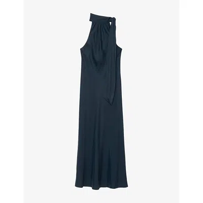 Allsaints Womens Beril High-neck Silk-blend Maxi Dress Teal Blue In Green