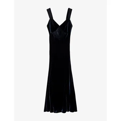 Allsaints Womens Berletta V-neck Silk-blend Velvet Maxi Dress Velvet Ink Blu In Black