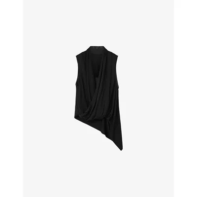 Allsaints Womens Black Adaline Wrap-neck Stretch-woven Top