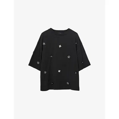 Allsaints Womens Black Amelie Crystal-embellished Cotton-jersey T-shirt