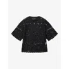 Allsaints Womens Black Amelie Lace Relaxed-fit Stretch Cotton-blend T-shirt