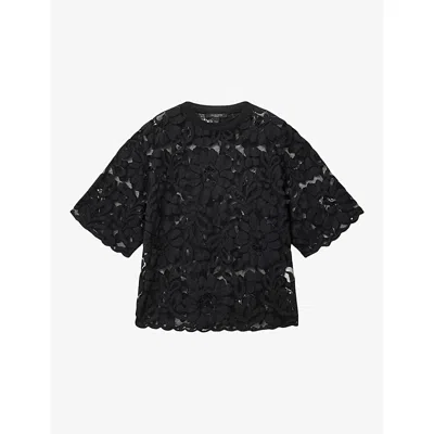 Allsaints Womens Black Amelie Lace Relaxed-fit Stretch Cotton-blend T-shirt