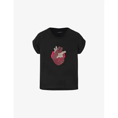 Allsaints Womens  Anna Heart-embellished Cotton-jersey T-shirt In Black
