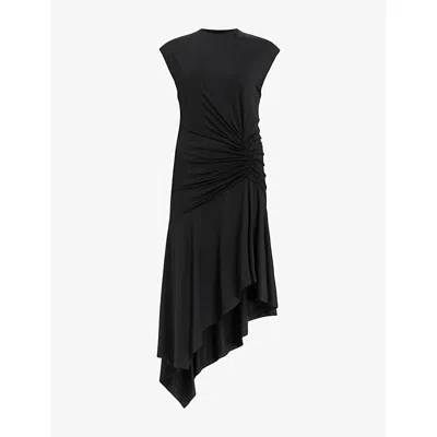 Allsaints Womens Black Annalie Asymmetric Stretch-woven Midi Dress
