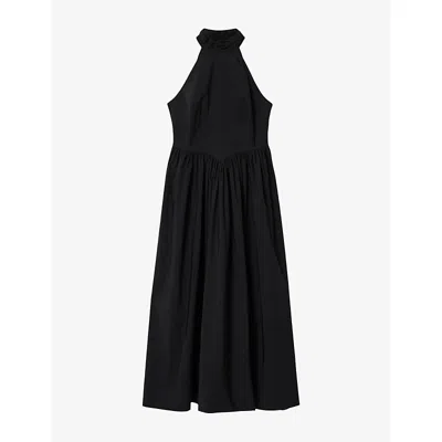 Allsaints Womens Black Arora Halter-neck Stretch Cotton-blend Midi Dress In Animal Print