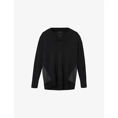 Allsaints Womens Black Bern V-neck Contrast-panel Merino-wool Jumper
