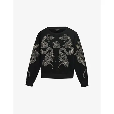 ALLSAINTS WOMENS BLACK CECILE PIPPA FLOWER-EMBELLISHED COTTON-JERSEY SWEATSHIRT XS