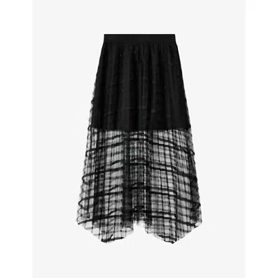 Allsaints Womens Black Celia Lace-trim Mesh Midi Skirt