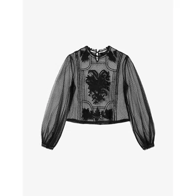 Allsaints Womens Black Cesca Embroidered Long-sleeve Sheer Woven Top