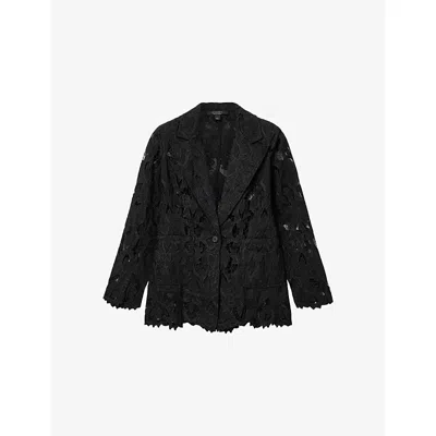 Allsaints Womens Black Charli Embroidered Relaxed-fit Woven Blazer In Blue