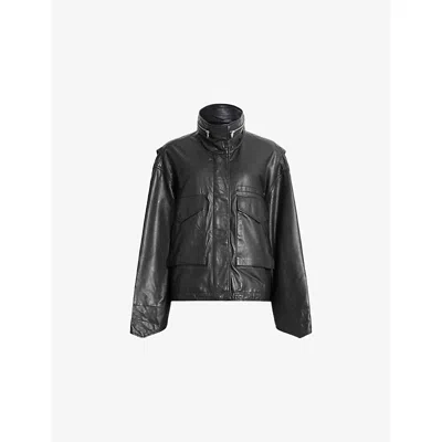 Allsaints Womens Black Clay Funnel-neck Cropped Leather Jacket