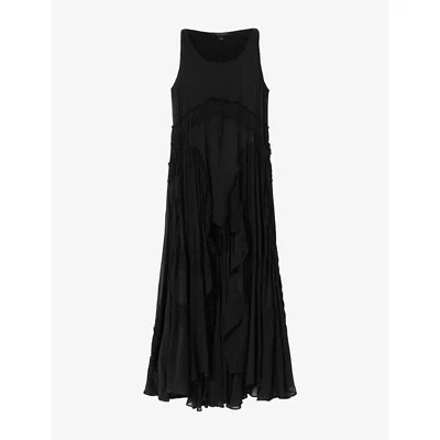 Allsaints Womens Black Dorina Frill-hem Sleeveless Cotton Midi Dress