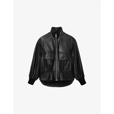Allsaints Womens Black Flor Funnel-neck Leather Jacket