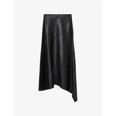ALLSAINTS WOMENS GIA LEA ASYMMETRIC-HEM LEATHER MIDI SKIRT BLACK