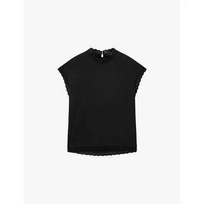 Allsaints Womens Black Lele Lace-trim Cotton-jersey Tank Top