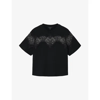 Allsaints Womens Black Lisa Lace-embroidered Cotton T-shirt Xs
