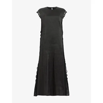 Allsaints Womens Lyra Lace-embroidered Cap-sleeve Linen And Silk-blend Midi Dress Black