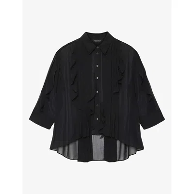 Allsaints Womens Black Minna Pointed-collar Woven Shirt In Blue