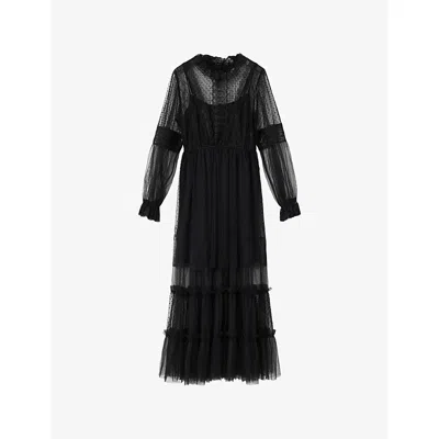 Allsaints Womens  Nita Ruffled Mesh And Lace Maxi Dress In Black