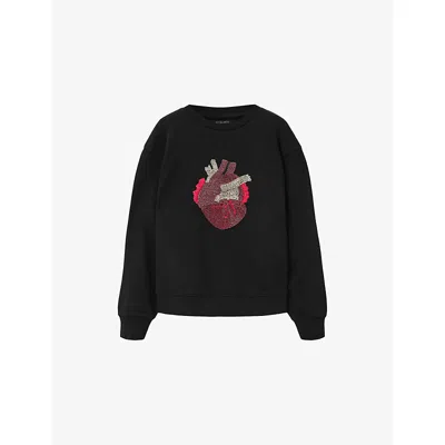 Allsaints Womens  Pippa Embellished-heart Cotton-jersey Sweatshirt In Black