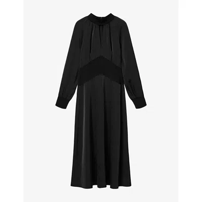 Allsaints Womens  Roya Ribbed-panel Woven Midi Dress In Black