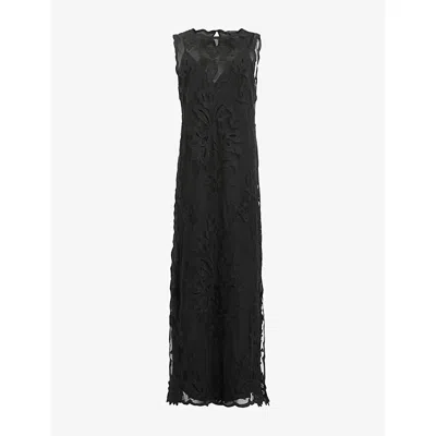Allsaints Womens Black Rye Regular-fit Embroidered Sleeveless Woven Maxi Dress