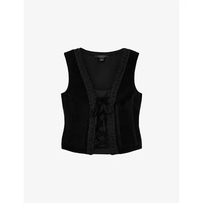 Allsaints Womens  Selin Brand-embroidered Velvet Vest In Black
