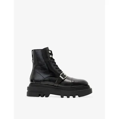 ALLSAINTS WOMENS BLACK SHINE ASTRID BUCKLE LEATHER BIKER BOOTS EUR 39 / 6 UK