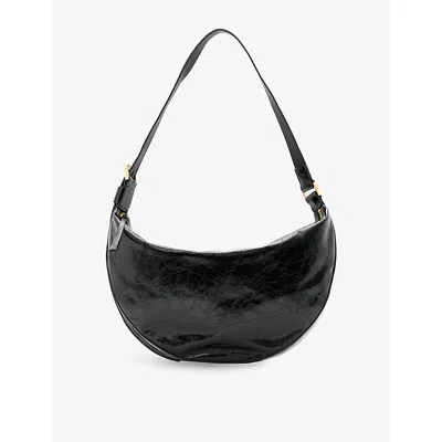 Allsaints Womens Half Moon Logo-embossed Leather Shoulder Bag Black Shin In Black Shine