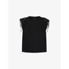 Allsaints Womens Black Shona Embroidered-shoulder Cotton Top In Black