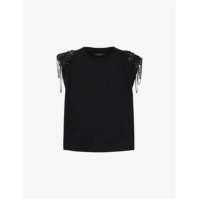 Allsaints Womens Black Shona Embroidered-shoulder Cotton Top