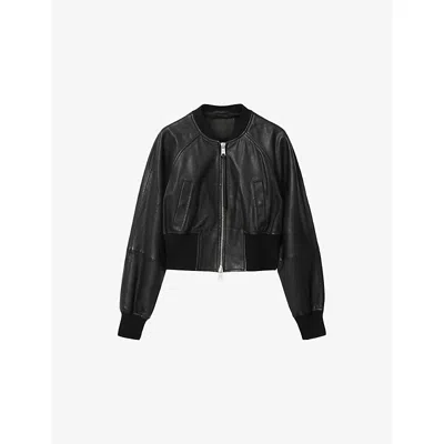 Allsaints Womens Black Suri Zip-up Cropped Leather Bomber Jacket