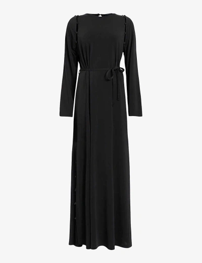 Allsaints Womens Black Susanna Crew-neck Side-split Stretch-woven Maxi Dress