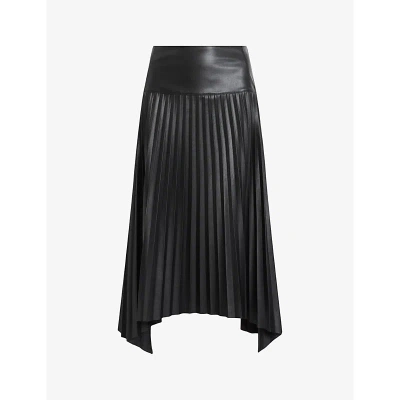 Allsaints Womens Black Sylvy High-rise Pleated Faux-leather Midi Skirt