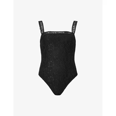 Allsaints Womens  Vera Square-neck Branded-lace Stretch-woven Bodysuit