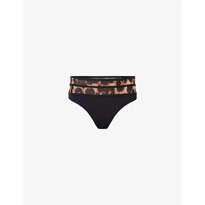 Allsaints Womens Black Xalia Leopard-print Mesh Stretch-woven Bikini Bottoms Xs