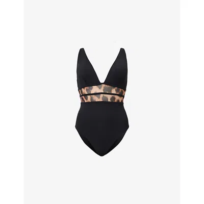 Allsaints Womens Black Xalia Leopard-print Mesh Stretch-woven Swimsuit